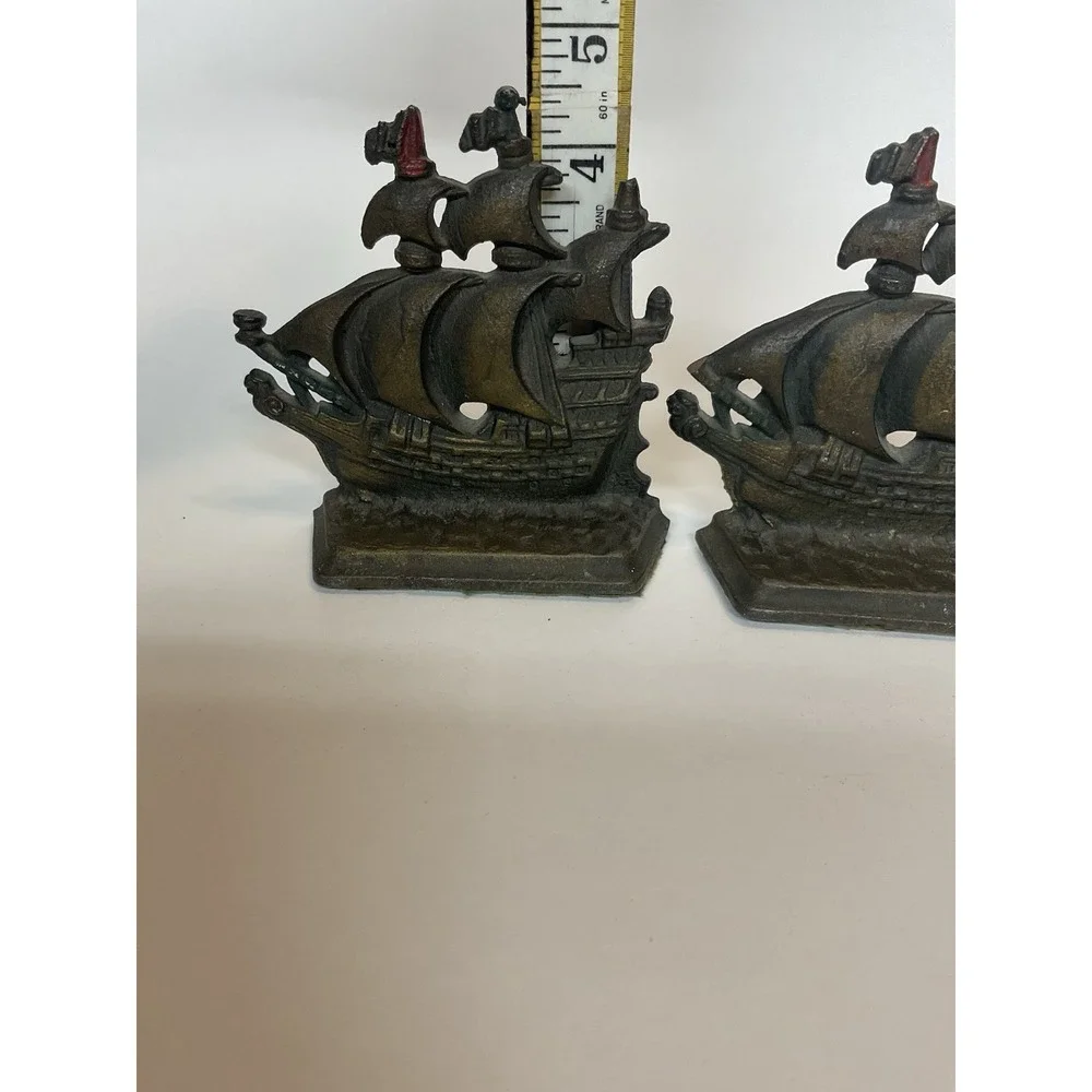 Vintage Pair Cast Iron Metal Pirate Sailing Boat Clipper Ship Bookends‎ Heavy